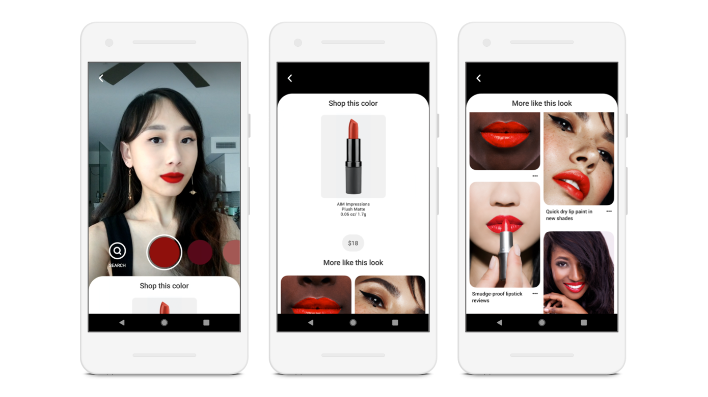Screen shots showing Pinterests AR-filter with lipsticks