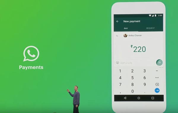 Mark Zuckerberg showing WhatsApp Pay on big screen