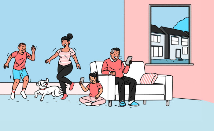 Drawn family dancing in living room with dog and phones