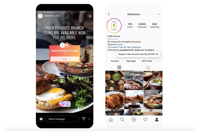Screen shots of Instagram's new functions for ordering food and buying gift cards.